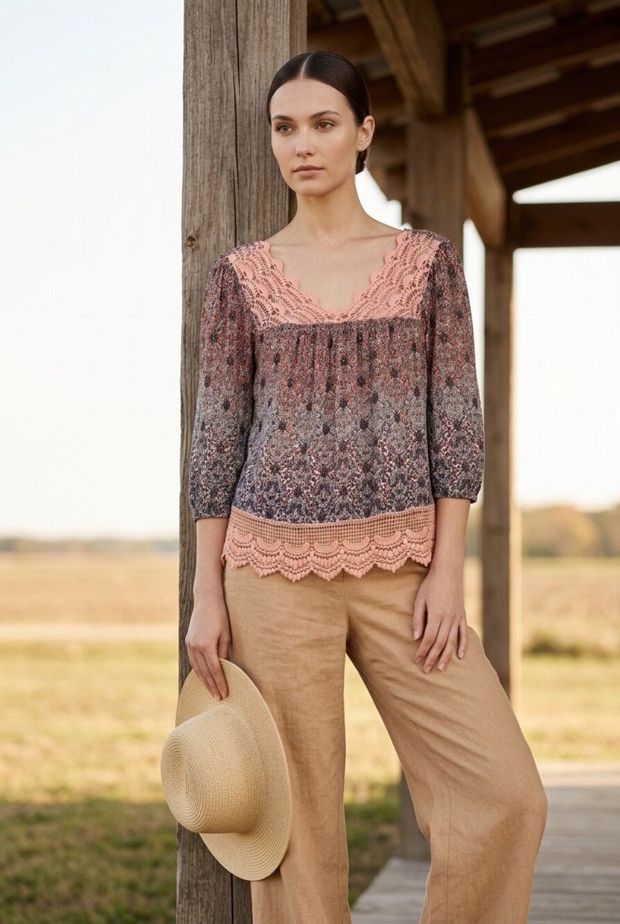 Self Esteem Lace Floral 3/4 Sleeve Top Womens Small Flowy Fairy Boho Cottage